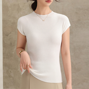 夏季可机洗桑蚕丝羊毛女圆领飞飞袖T恤修身显瘦短袖薄针织打底衫