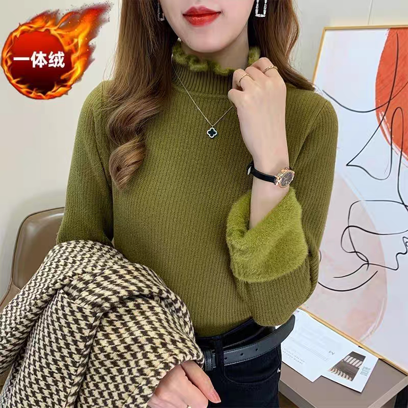 半高领纽扣毛衣女一体绒针织衫秋冬加绒加厚上衣内搭打底衫女