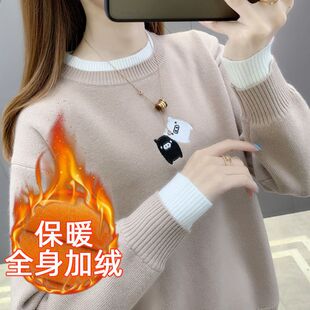 秋冬加绒加厚针织保暖卫衣学生长袖打底衫刺绣宽松大码套头毛衣女