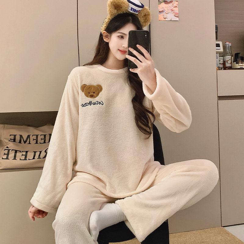 法兰绒睡衣女冬两件套韩版甜美可爱学生秋冬珊瑚绒加绒薄款家居服
