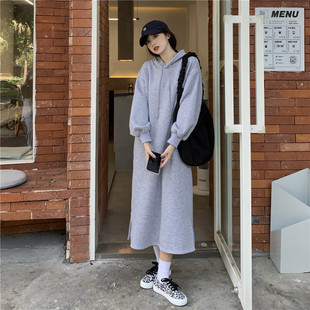 一诺2021秋冬韩版宽松显瘦开叉纯色胖mm过膝连帽加厚加绒长卫衣裙