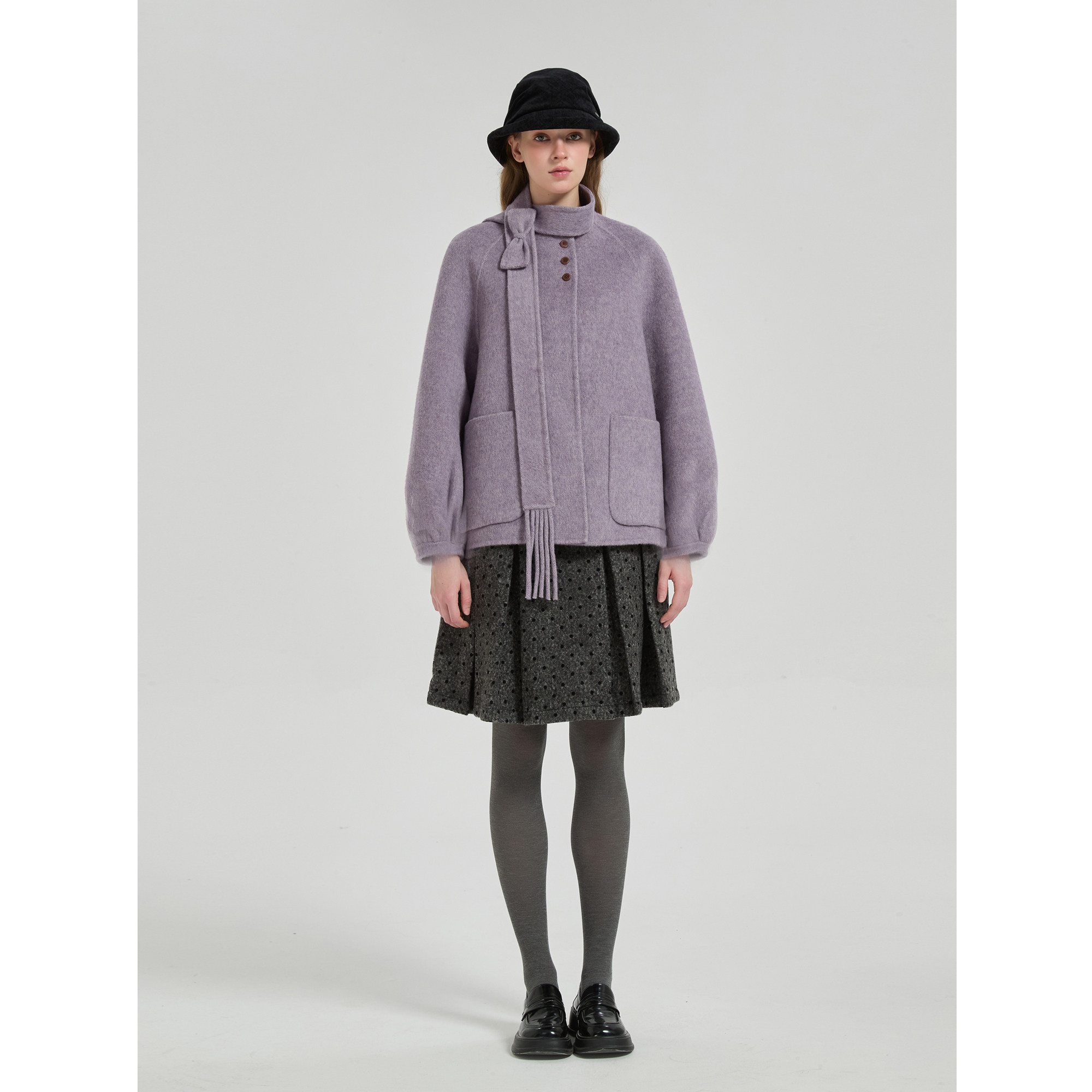 Alins House25冬烟灰紫设计感宽松短款小个子少女保暖双面呢外套