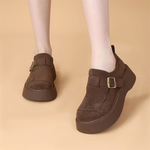 2025新款冬季加绒保暖厚底增高勃肯绒面乐福鞋女轻便显瘦百搭棉鞋