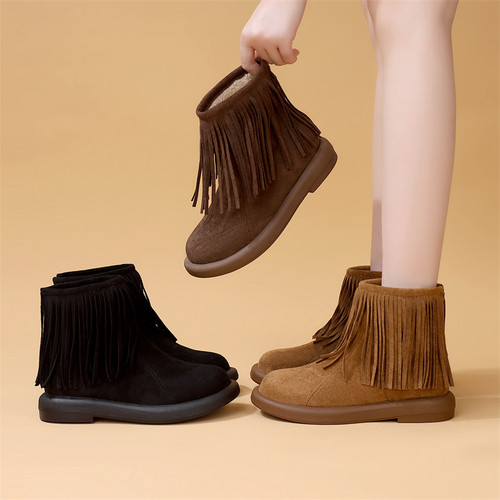 2025新款秋冬加绒保暖流苏绒面马丁靴女复古时尚百搭轻便舒适短靴