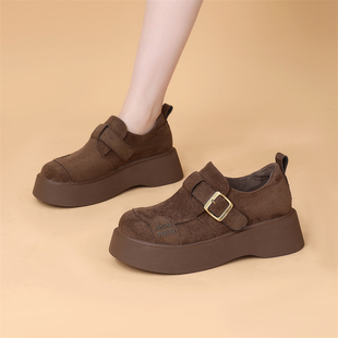 绒面乐福鞋女2025冬新款加绒保暖复古英伦风厚底增高小个子勃肯鞋