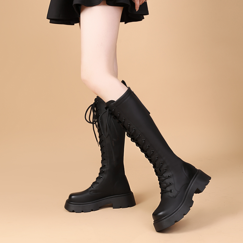 2025年新款秋冬季英伦风加绒长筒马丁靴女时尚厚底不过膝长筒靴