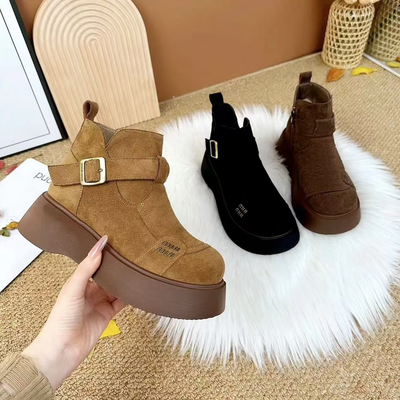 圆头加绒勃肯鞋女新款2025冬季保暖厚底绒面马丁靴时尚防滑短靴女