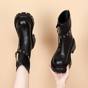 2025秋冬季新款真皮马丁靴女增高厚底短筒瘦瘦靴小个子炸街潮酷靴