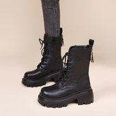 厚底增高7cm时装 粗跟马丁靴女2025新款 秋冬加绒高帮中筒骑士靴女