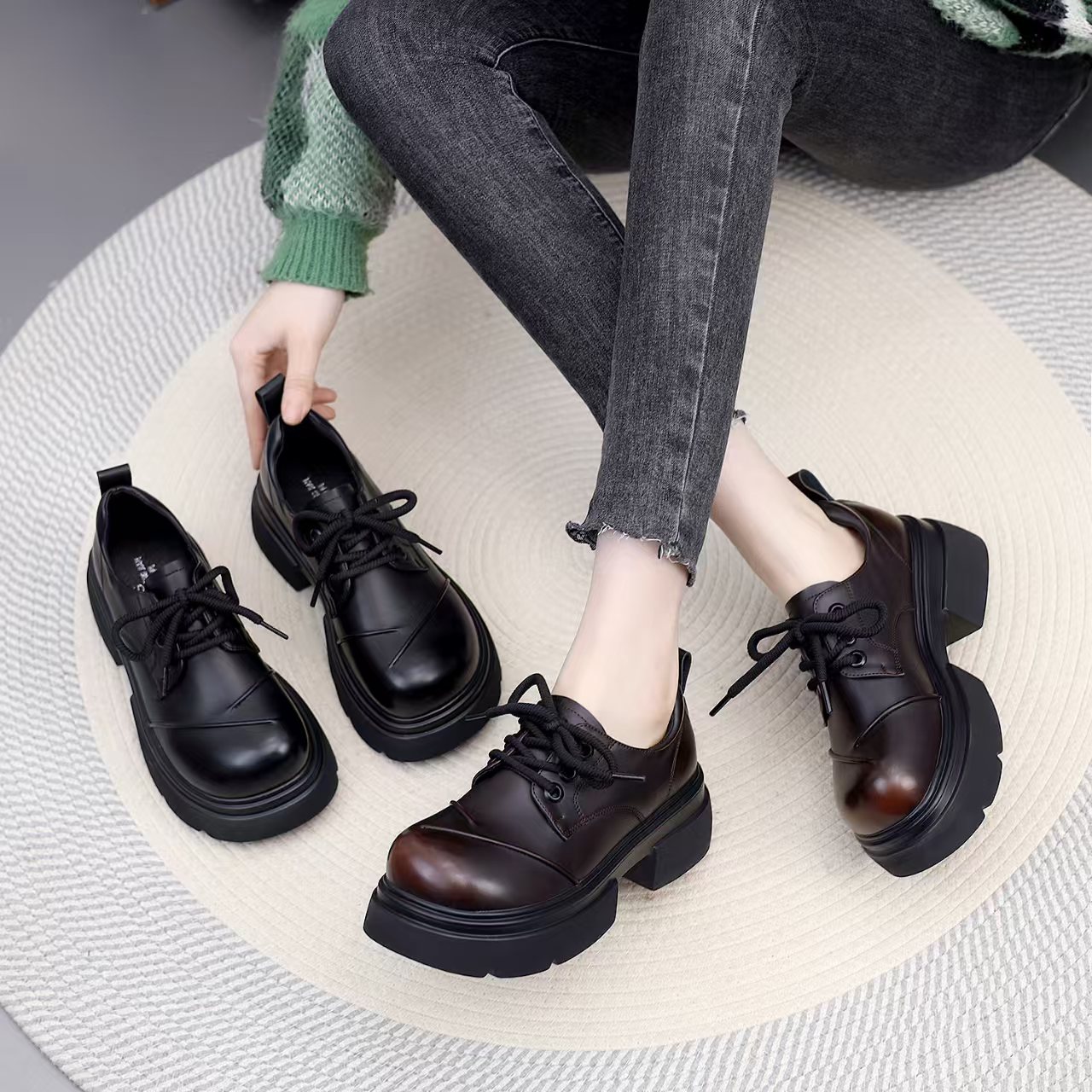 2025新款春季厚底乐福鞋女增高防水防滑轻便显瘦英伦系带小皮鞋