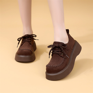 时尚潮流百搭绒面乐福鞋女2025新款冬季加绒休闲复古厚底系带女鞋