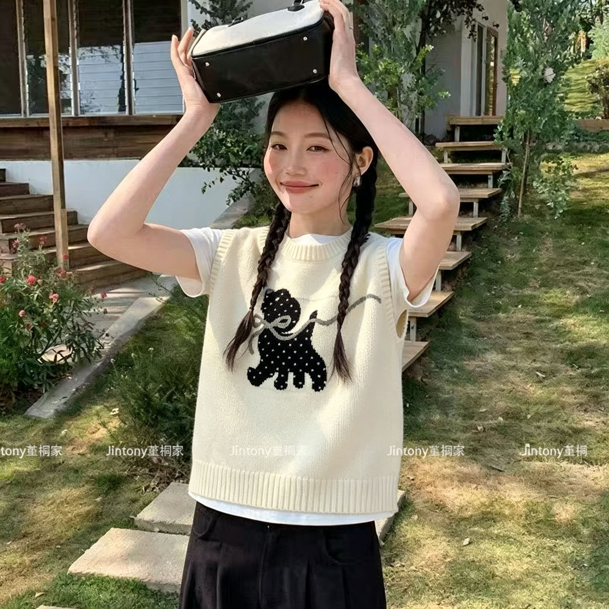 日系可爱蝴蝶结小狗针织马甲女