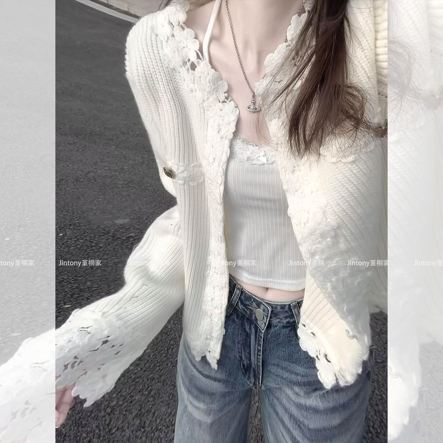 法式白色蕾丝花边V领针织开衫