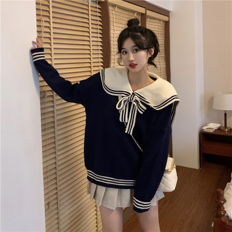 学院风海军领甜美针织衫翻领可爱女短款套头落肩宽松毛衣