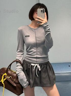 高货Mi*春夏新款字母标灰色修身显瘦长袖打底衫面膜T圆领上衣T恤