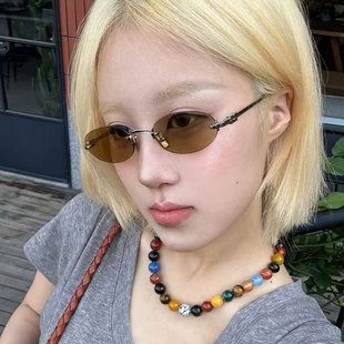 书呆子墨镜女素颜高级感无边框纯欲椭圆小框小脸防紫外线太阳眼镜