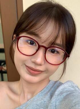 红色素颜眼镜女近视可配度数高级感显瘦防蓝光圆框复古超轻眼睛架