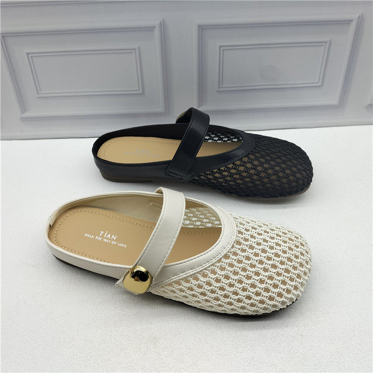 春季一脚蹬镂空编织玛丽珍鞋女平跟包头半拖透气百搭休闲凉拖鞋