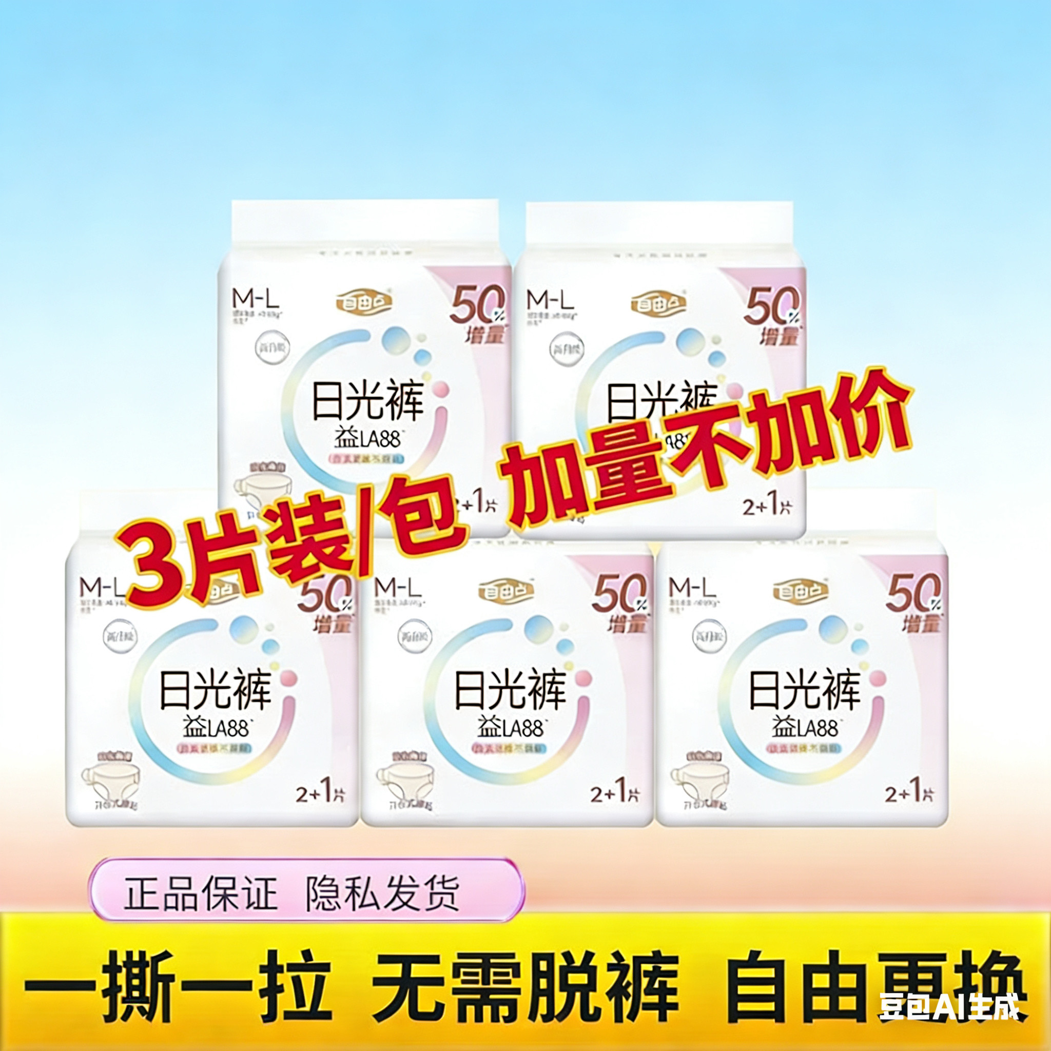 自由点裤型开合式卫生巾M-L码日光裤腰贴超薄益生菌透气安睡裤3片