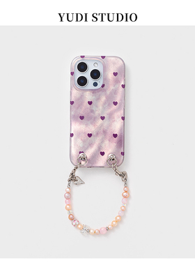 满屏紫色小爱心仙气天然淡水珍珠手提链条适用苹果保护壳iPhone16promax原创15大孔17pro保护套手机壳14气质