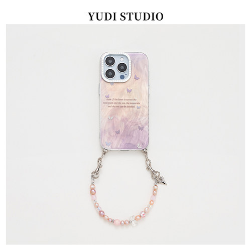 渐变紫色小蝴蝶仙气天然珍珠手提斜挎可背链条适用苹果保护壳iPhone17promax原创16华为mate60pro手机壳P70套