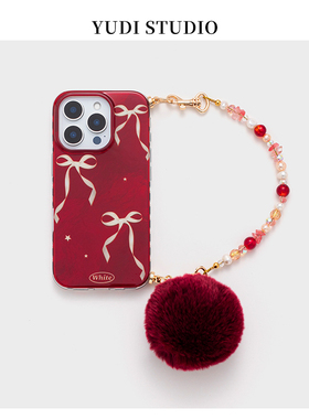 秋冬酒红丝绸蝴蝶结适用苹果iphone16promax手机壳17pro天然淡水珍珠水晶手链条毛球15pro新款手提大孔新年14