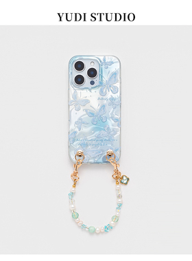 清新蓝色蝴蝶适用苹果15promax手机壳iphone16pro天然珍珠水晶手提手链华为p70唯美mate60Pro气质小众14大孔