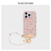 彩色碎花磁吸花朵支架手机壳适用于苹果iPhone14 16ProMax磨砂天然淡水珍珠小米珠水晶手机链高级magsafe