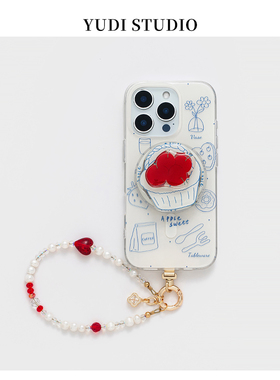 雨滴原创红苹果磁吸支架手机壳ins小众简约时髦天然淡水珍珠手机链适用苹果16ProMax手机壳iPhone17Pro保护套
