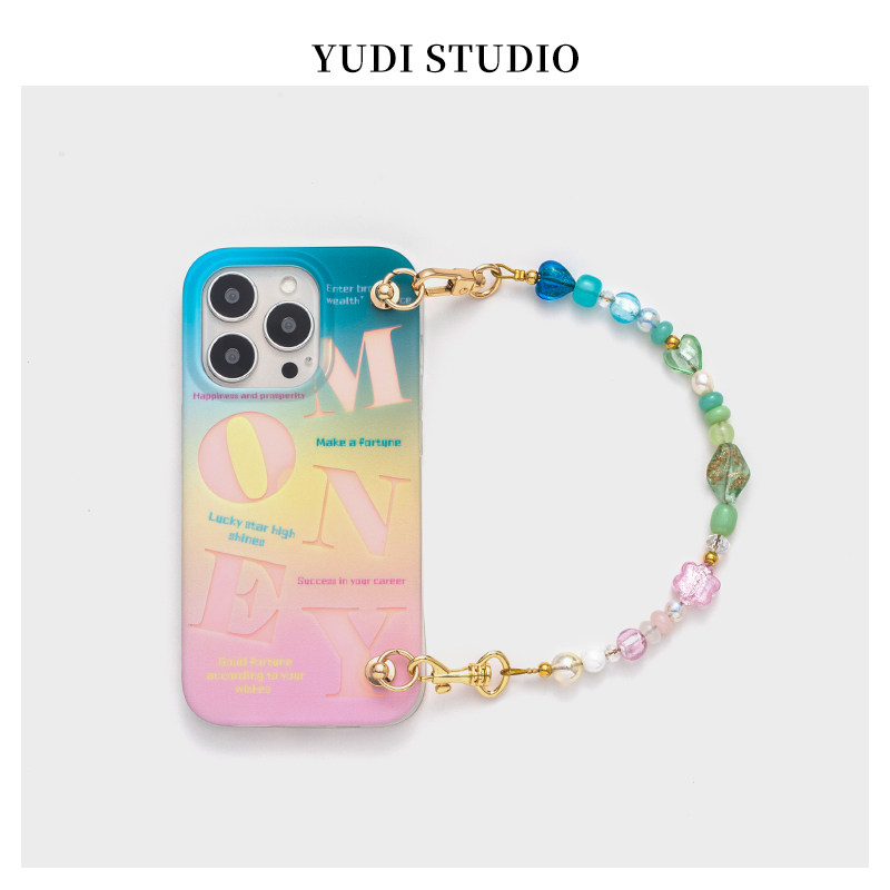 小清新渐变粉蓝字母印花iphone14pro琉璃链条手提链手机壳小众高级2023早春新款适用苹果13promax12保护套