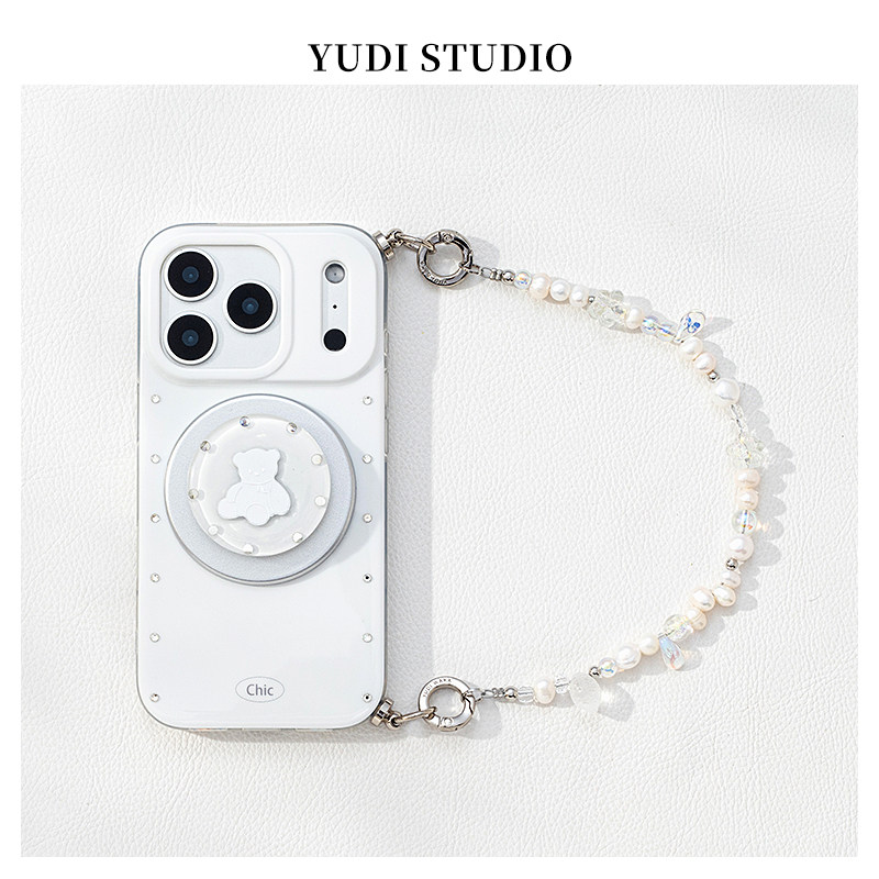 白钻小熊磁吸支架纯色磨砂适用iPhone17promax手机壳15pro水晶水钻天然淡水珍珠手机链苹果16pro磁吸壳极简14