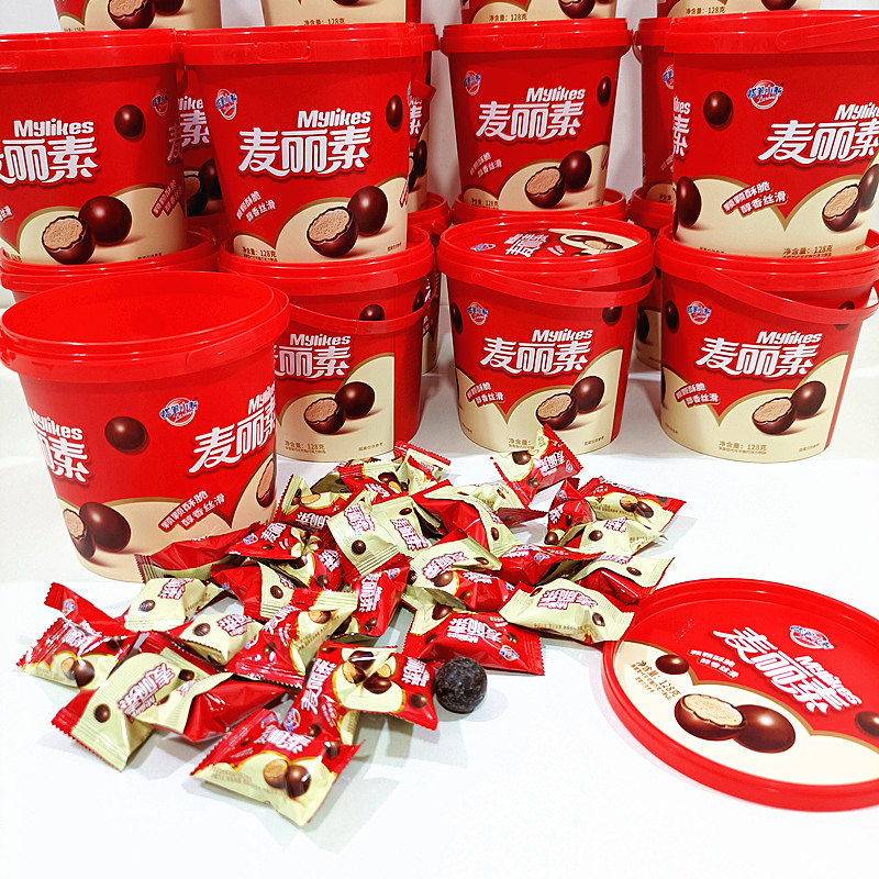 蜡笔小新果仁麦丽素桶装128g休闲零食巧克力糖果整箱巧克力制品