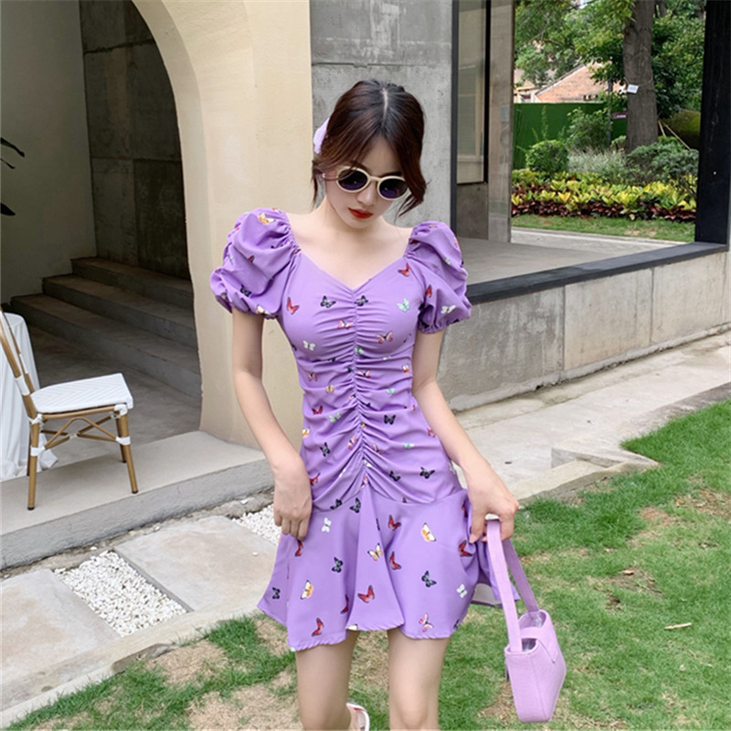 Official figure summer Korean collar pleated Bubble Sleeve Ruffle Skirt with slim waist and butterfly print dress