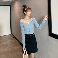Real shot new spring and autumn clothing Korean one line collar elastic long sleeve t-shirt female thread