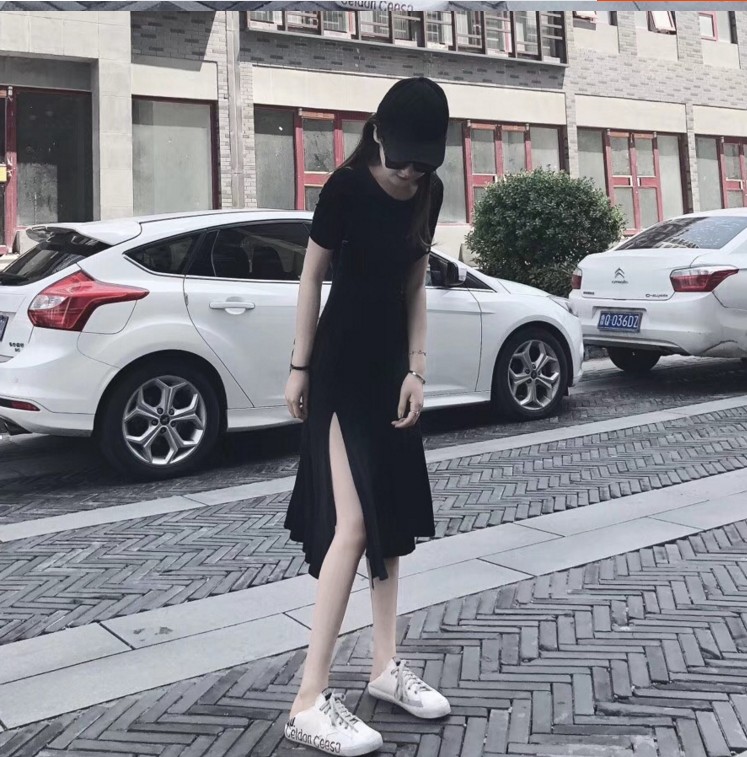 Official map real price spring and summer popular skirt small black skirt split short sleeve dress long skirt