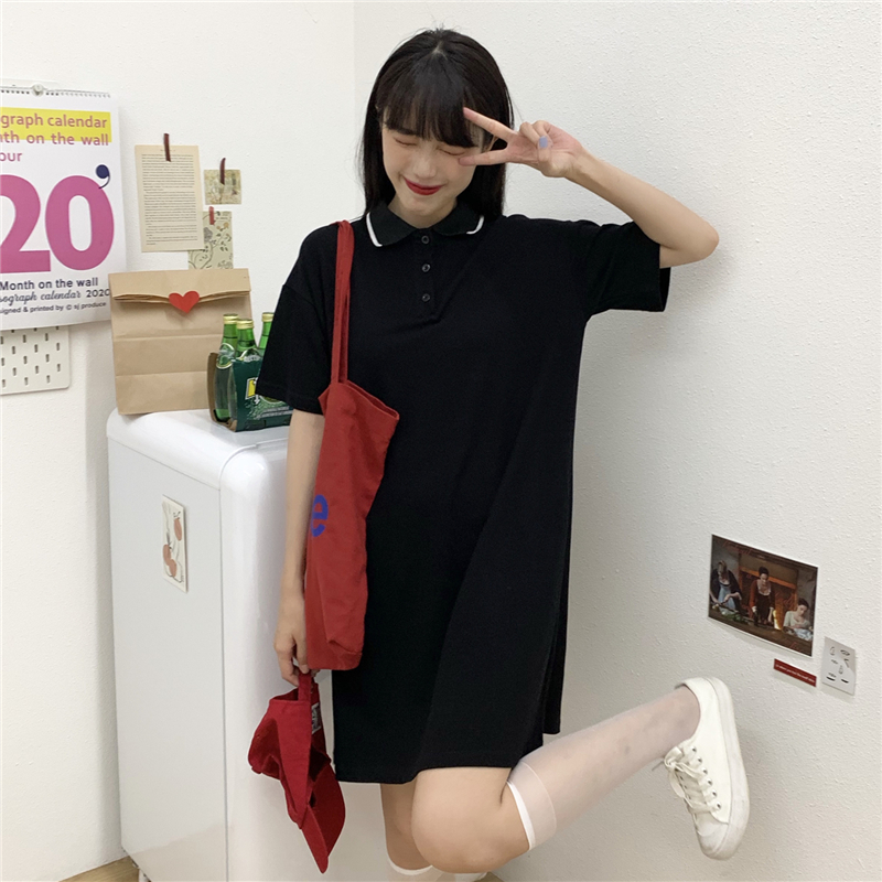 Real shot 100% cotton polo shirt skirt casual loose short sleeve medium length T-shirt dress