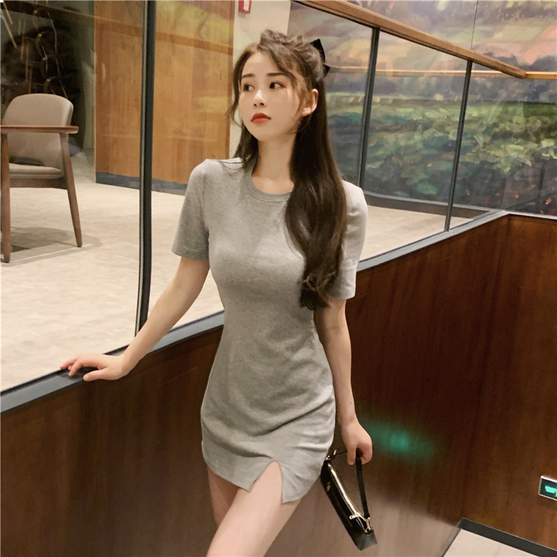 Real shot spandex split buttock black short sleeve T-shirt dress