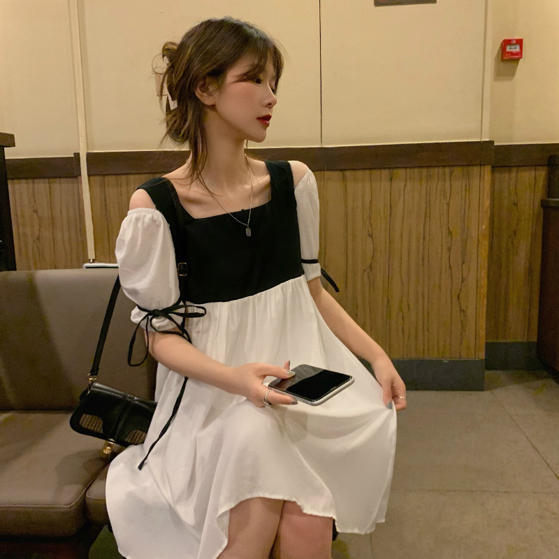 Photo contrast stitching lace up short sleeve dress new French Platycodon grandiflorum in summer