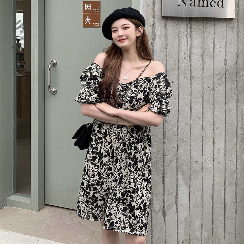 Real shooting summer new Korean bubble sleeve Floral Dress