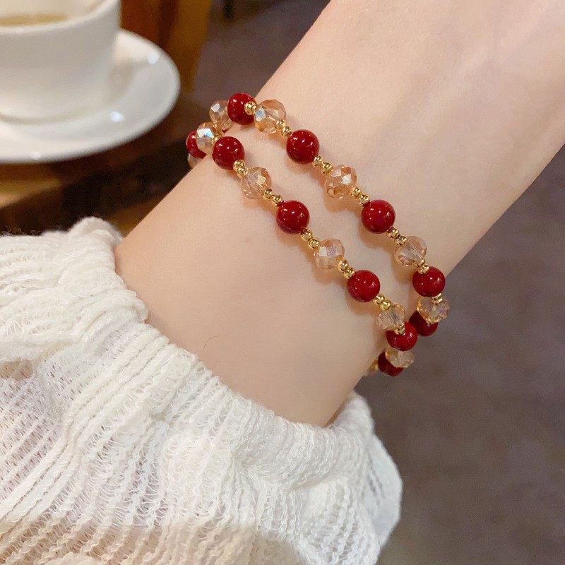 复古气质时尚轻奢简约双层串珠手链新款红色虎眼石闺蜜手镯礼物女