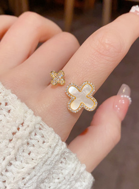 日韩贝壳四叶花开口戒精致食指戒