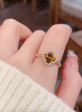 小众时尚设计感镶钻虎眼石开口戒气质简约复古独特百搭食指戒配饰