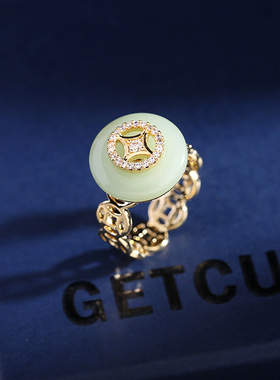 新中式复古芒星戒指女小众轻奢开口可调节防玉石无名指指环装饰品