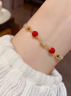 复古精致时尚微镶锆石小蛮腰串红色珠抽拉式手链气质轻奢设计手饰