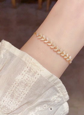 小清新轻奢时尚简约猫眼石树叶抽拉式手链小众麦穗甜美百搭手镯女