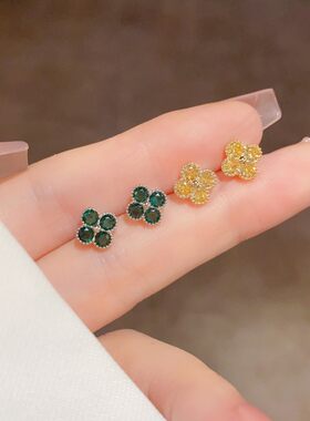 s925银针防过敏小巧简约百搭四叶花精致简约百搭小耳钉耳环耳饰潮