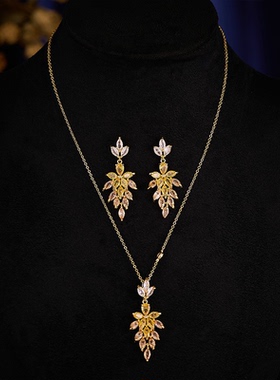 韩式风精致超闪奢华镶嵌皓石树叶耳环项链套装女超闪高档锁骨链超