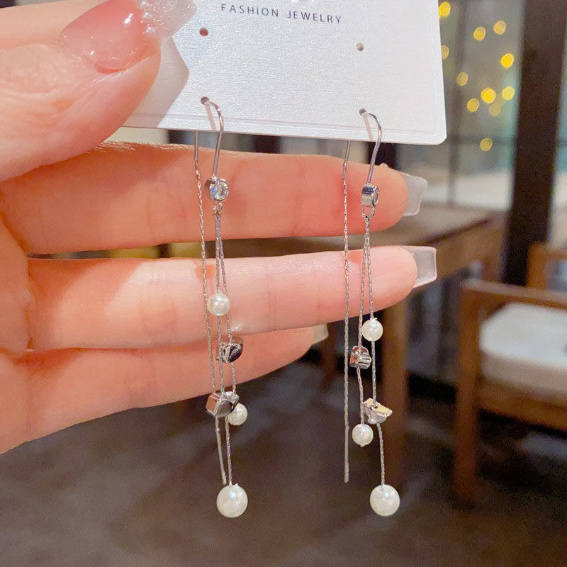 法式复古时尚金属方块珍珠流苏耳线耳环简约大方气质显瘦耳坠耳饰