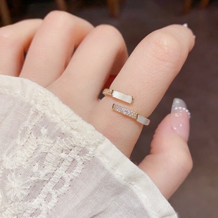 法式简约设计锆石贝母开口戒指女个性轻奢可调节食指戒无名指戒指