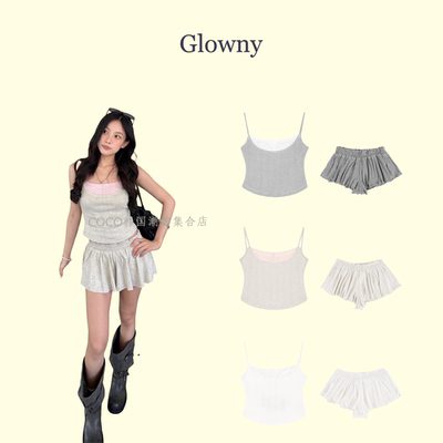 【正品】Glowny假两件撞色拼接提花吊带背心新款glowny背心套装